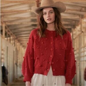 The GREAT. raspberry red Bobble cardigan crewneck sweater M Rare